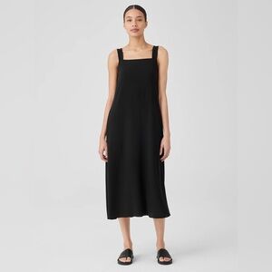 EILEEN FISHER 100% Silk Georgette Crepe Square Neck Dress Black Pockets size M